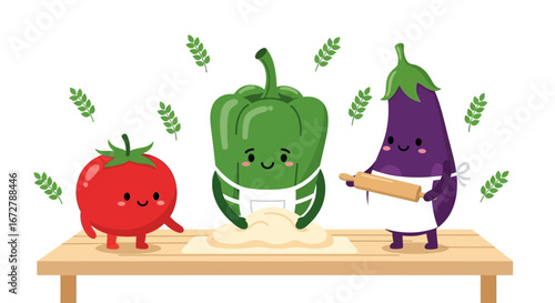 Cheerful Vegetables Team Baking Together, Creating Delicious Foods in an Adorable, Delightful Scene