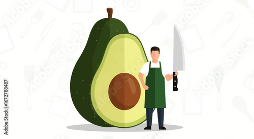 Chef Preparing Avocado, Presenting Halved Fruit With Knife On White Background