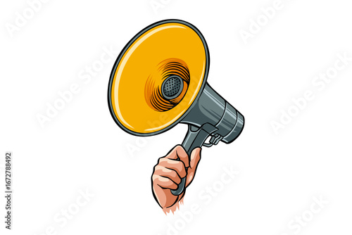illustration of a hand carrying a loudspeaker