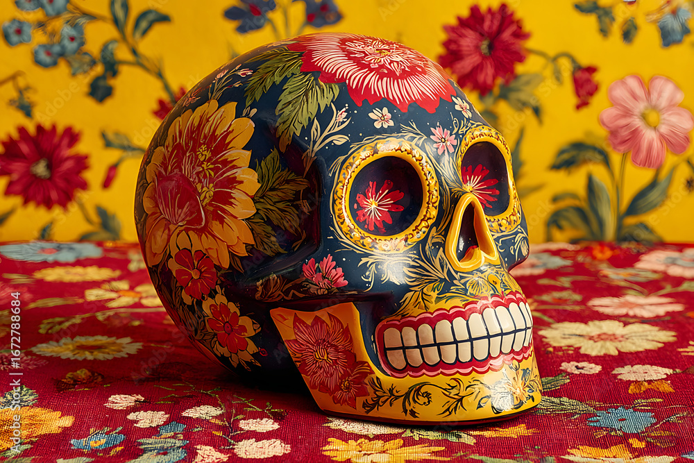 Fototapeta premium Mexican sugar skull, on top of a red tablecloth and ellow background
