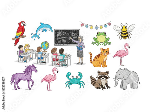 Classroom of Knowledge: An animated illustration depicting a classroom filled with excited pupils and various animals representing educational exploration.