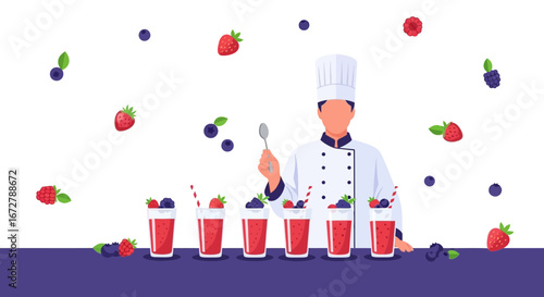 Chef Preparing Colorful Berry Smoothies With Scattered Fresh Fruit Elements Design