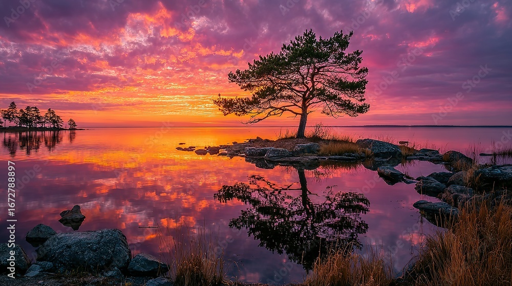 Naklejka premium Tree on small island reflected in water at sunset with colorful sky.