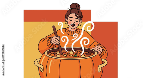Cheerful Woman Cooking A Delicious Stew In Autumnal Color Scheme Flat Illustration
