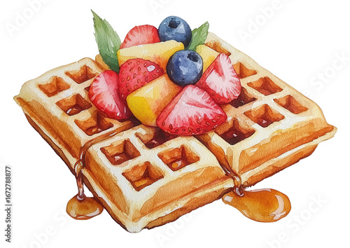 Watercolor waffle with syrup, strawberry, blueberry, and mango topping