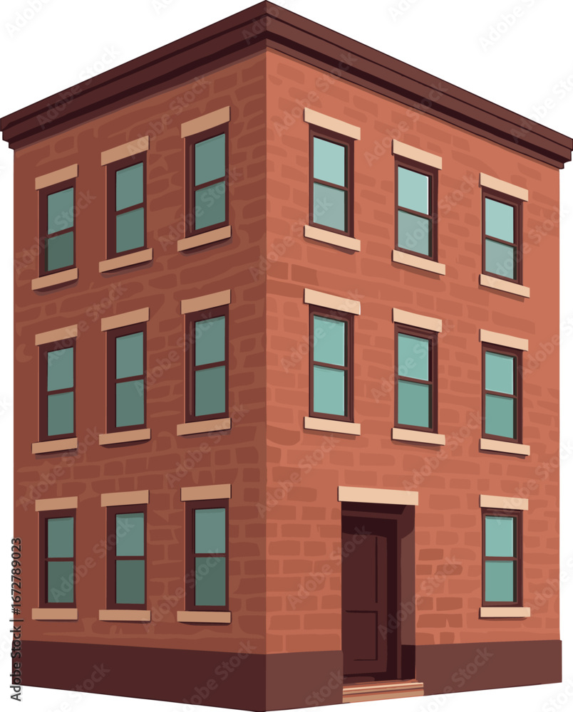 Fototapeta premium A weathered brick corner structure, featuring numerous windows, set against a transparent backdrop