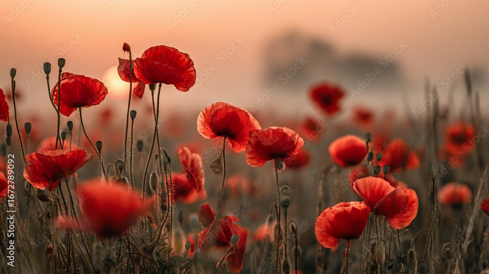 Fototapeta premium Red poppies bask in soft, golden light with a misty background