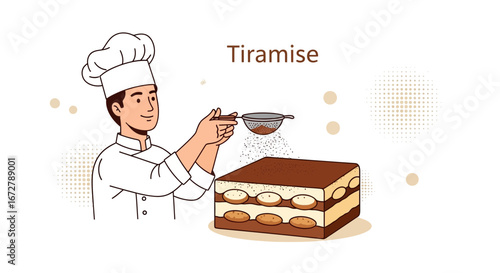 Chef Preparing Delicious Tiramisu Dessert: Sprinkling Cocoa Powder for Delightful Sweet Treat