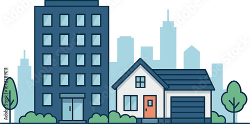 Side by side, an urban apartment and a suburban house illustrate the contrast between city life and a tranquil neighborhood, set against a modern real estate backdrop with a cityscape, rendered as a