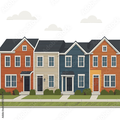 A typical American townhouse neighborhood, featuring colorful new construction homes in East Coast Maryland under a blue sky