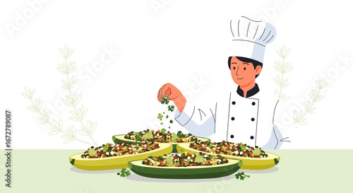 Chef Preparing Flavorful Stuffed Zucchini Boats Garnished With Fresh Herbs For Culinary Delights