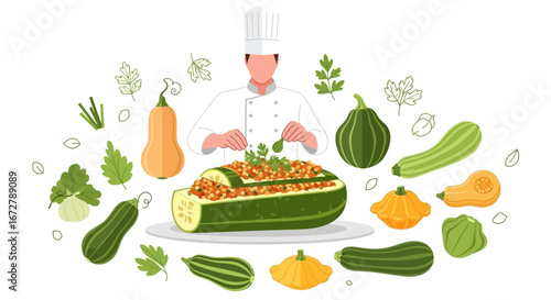 Chef Preparing Exquisite Vegetable Dish with Fresh Ingredients and Artistic Flair
