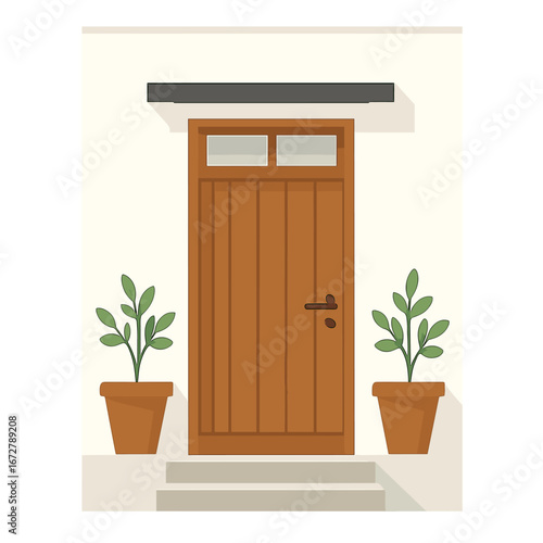A new home's entryway features a clean, sophisticated look with a wooden door and bright white walls, creating a welcoming feel