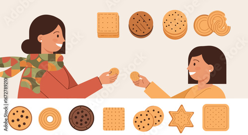 Cheerful Women Presenting Delicious Baked Goods with Various Cookie Shape Designs