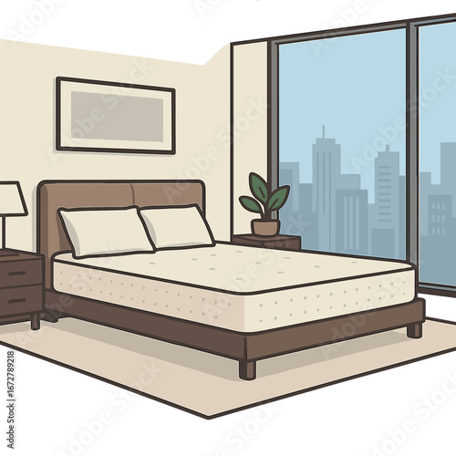 A cozy mattress in a sleek, minimalist bedroom overlooking the city