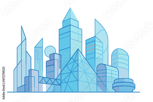 Geometric and transparent structures define an abstract, futuristic city architecture