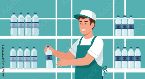 Cheerful Worker Organizing Bottled Water On Shop Shelves With Organized Stacks