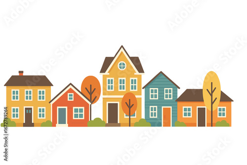 Illustrate a row of vibrant suburban homes featuring diverse architectural styles and autumn trees in a flat minimalist vector style for a neighborhood concept