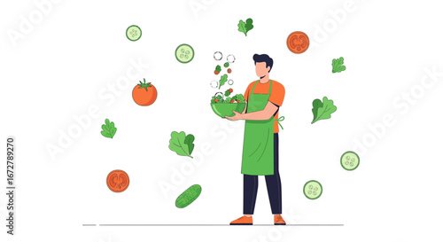 Chef Preparing Fresh Ingredients For A Healthy, Colorful And Appetizing Salad
