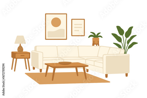 Contemporary living room featuring a white sectional sofa and natural wood accents