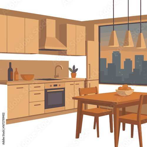 Contemporary kitchen featuring an open‑plan layout, city view, warm lighting, and home staging