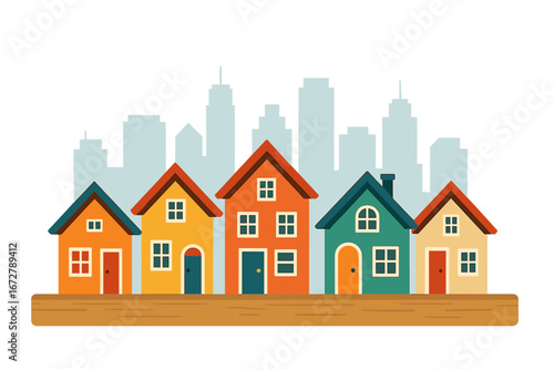 Small, vibrant houses on a wooden base, set against a city backdrop
