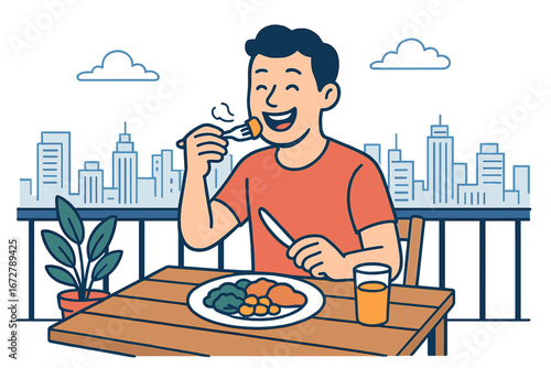 A content man savors a meal on a rooftop terrace overlooking the city