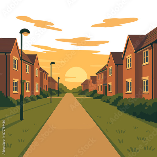 Empty path at sunset beside a new housing development in southern England