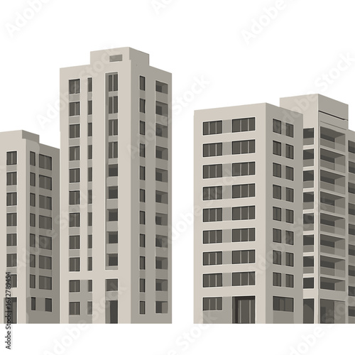 A collection of contemporary high‑rise residential structures with concrete exteriors set against a city skyline, showcasing multi‑level housing and modern real‑estate design, presented on a white
