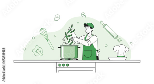 Chef Preparing Fresh Vegetables into Pot for Cooking with Various Kitchen Utensils