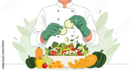 Chef Preparing Fresh, Vibrant Salad with Various Vegetables and Healthy Ingredients