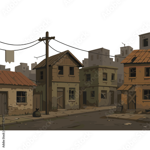 A stylized vector illustration depicting a ghetto street, poor city slum, abandoned houses, broken neighborhood, and dirty urban favela cityscape, all set against a cartoon background