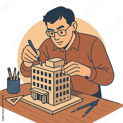 A man concentrates on architectural model‑making, meticulously crafting a multi‑story building with precision tools in a warmly lit workspace, while an architect designs the building’s architecture