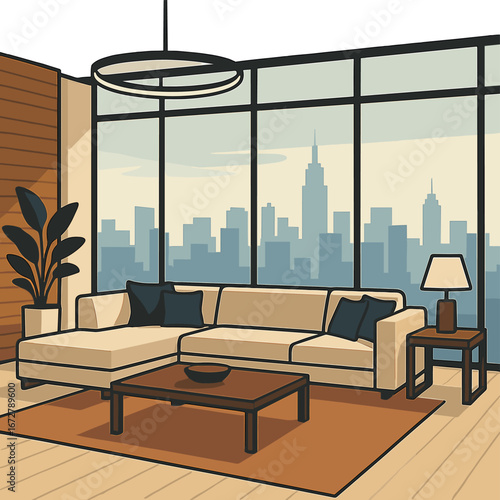 Contemporary upscale living room boasting sweeping city vistas, a roomy sectional sofa, timber accents, and floor‑to‑ceiling windows
