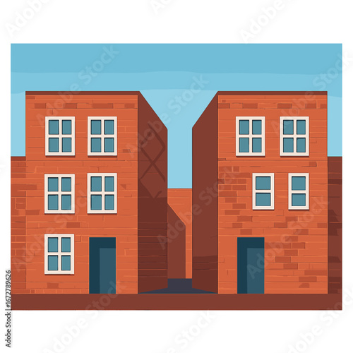 The urban minimalist design showcases a pair of red brick buildings with geometric facade patterns, a symmetrical arrangement, and a clear blue sky overhead