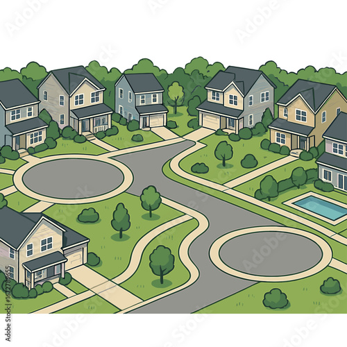 A two‑story house with a swimming pool and well‑trimmed lawns sits on a double cul‑de‑sac in a quiet subdivision, part of a new development row in the suburbs of Atlanta, Georgia, USA