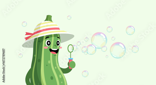 Cheerful Zucchini Character Enjoying Summer Fun, Blowing Playful Bubbles with Joyful Expressions.