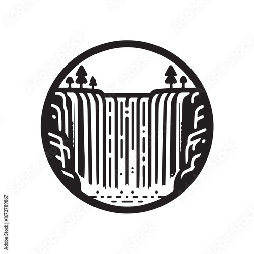 Vector illustration of a large waterfall with a rushing stream of water, surrounded by cliffs and green vegetation.
