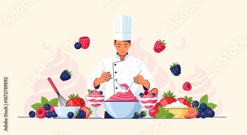 Chef Preparing Luxurious Dessert With Ripe Berries For Gourmet Culinary Presentation