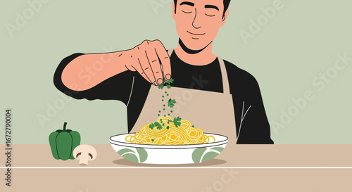 Chef Adding Fresh Herbs to a Plate of Pasta in a Colorful, Minimalist Illustration