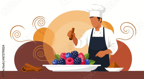 Chef Adding Spice To Fresh Berries On Plate, Exquisite Dessert Preparation Illustration