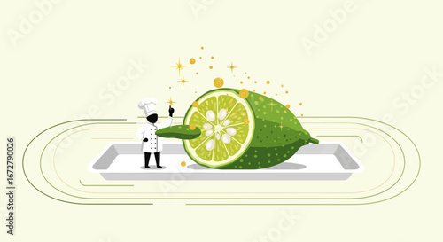 Chef Preparing Zesty Lime Slice on a Decorative Platter with Sparkling Elements