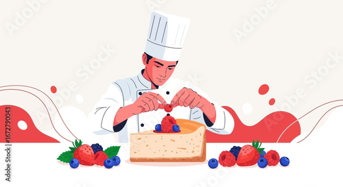 Chef Adorning a Delicious Cheesecake Slice with Fresh Berries in a Modern Illustration