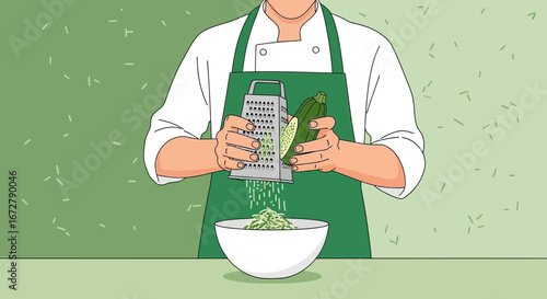 Chef Preparing Zucchini: A Fresh Illustration of Grating Vegetables for Culinary Purposes