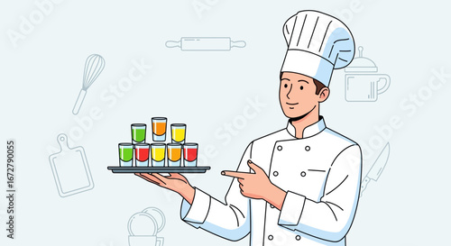 Chef Presenting A Colorful Array Of Drinks On A Tray Inside A Kitchen Environment