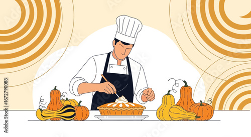 Chef Adorning Festive Pumpkin Pie Ready For A Thanksgiving Celebration