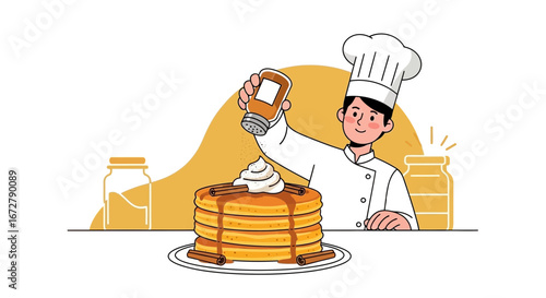 Chef Adorning Pancake Dish With Delicious Toppings Representing Culinary Artistry