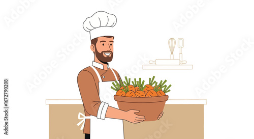 Chef Presenting Bowl Full Of Carrots In Kitchen With Culinary and Cooking Tools