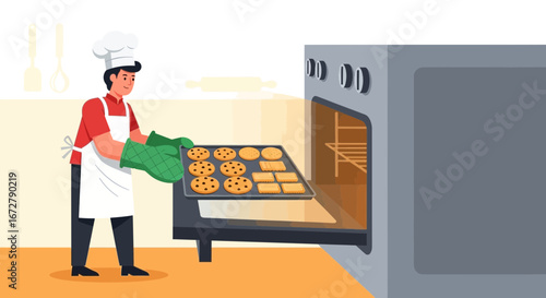 Chef Baking Cookies, Placing Tray In Oven, Kitchen, Cuisine, Illustration, Dietary Food, Graphic