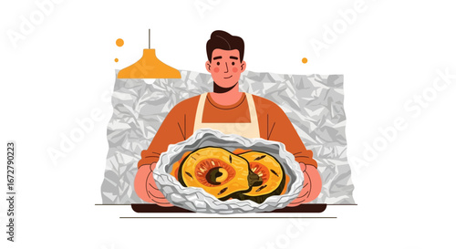 Chef Presenting Cooked Vegetable Dish, Illustrative Food Preparation Concept, Culinary Artwork